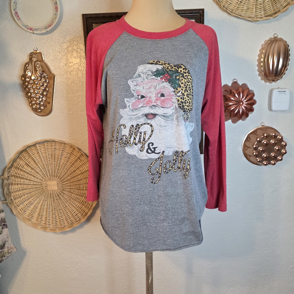 Boutique Holly Jolly Santa Raglan Shirt - Red & Gray with Leopard Print